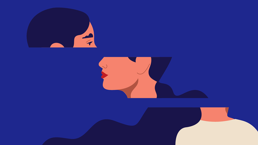 Harvard Business Review editorial illustration of a woman divided into three horizontal sections, symbolizing isolation and disconnection in an AI-driven workplace.