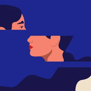 Harvard Business Review editorial illustration of a woman split into three horizontal sections, representing isolation and disconnection in an AI-driven workplace.