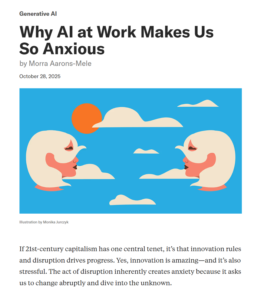 Harvard Business Review article screenshot showing Monsie’s Data Drift or Algorithmic Clouds vector illustration on AI anxiety at work