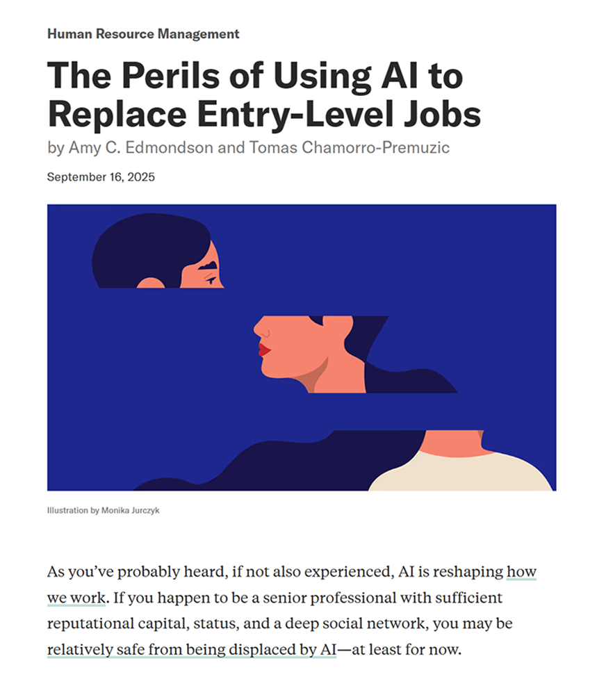 Screenshot of conceptual vector illustration by Monsie for Harvard Business Review article on AI replacing entry-level jobs.