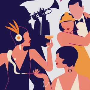 Roaring Twenties Radio Times illustration by Monsie (Monika Jurczyk), featuring vintage radio, art‑deco shapes, and a bold, minimal vector style.