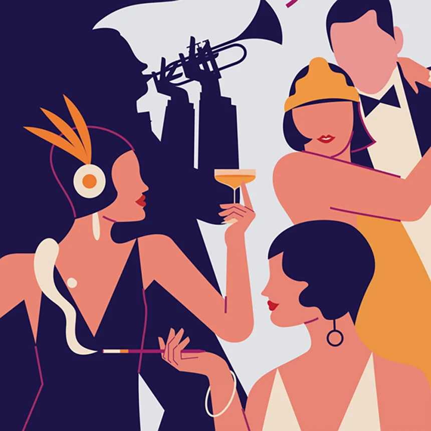 Roaring Twenties Radio Times illustration by Monsie (Monika Jurczyk), featuring vintage radio, art‑deco shapes, and a bold, minimal vector style.